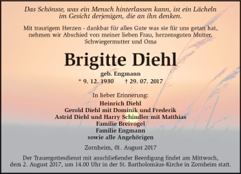 Traueranzeige von Brigitte Diehl von Trauerportal Rhein Main Presse