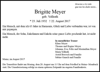 Traueranzeige von Brigitte Meyer von Trauerportal Rhein Main Presse
