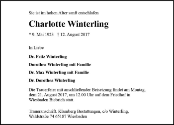 Traueranzeige von Charlotte Winterling von Trauerportal Rhein Main Presse