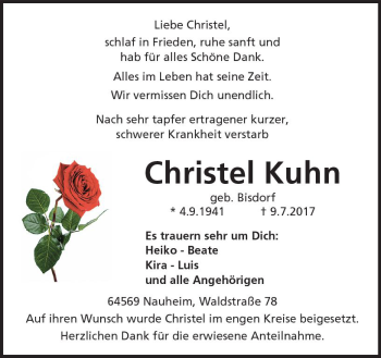 Traueranzeige von Christel Kuhn von Trauerportal Echo Online