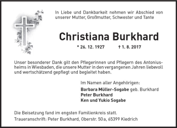 Traueranzeige von Christiana Burkhard von Trauerportal Rhein Main Presse