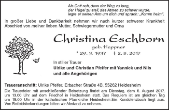 Traueranzeige von Christina Eschborn von Trauerportal Rhein Main Presse