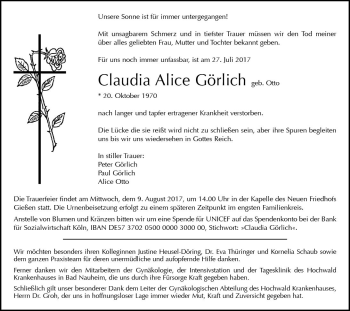 Traueranzeige von Claudia Alice Görlich von  Gießener Anzeiger
