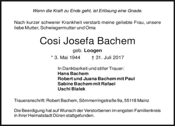 Traueranzeige von Cosi Josefa Bachem von Trauerportal Rhein Main Presse