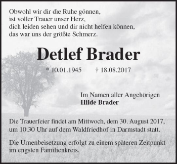 Traueranzeige von Detlef Brader von Trauerportal Echo Online
