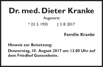 Traueranzeige von Dieter Kranke von Trauerportal Rhein Main Presse