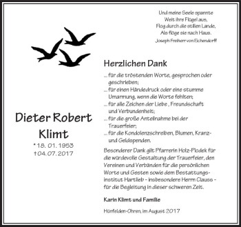 Traueranzeige von Dieter Robert Klimt von  Camberger Anzeiger