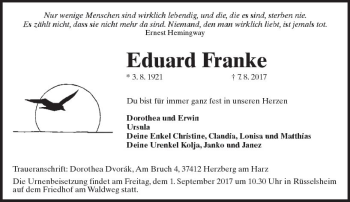 Traueranzeige von Eduard Franke von Trauerportal Rhein Main Presse