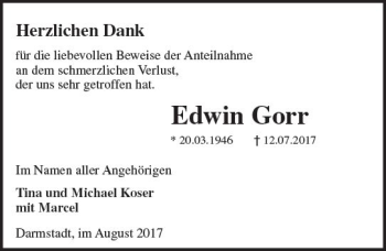 Traueranzeige von Edwin Gorr von Trauerportal Echo Online