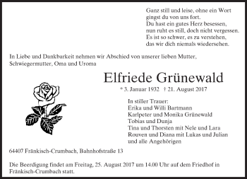 Traueranzeige von Elfriede Grünewald von Trauerportal Echo Online