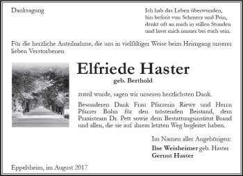 Traueranzeige von Elfriede Haster von Trauerportal Rhein Main Presse