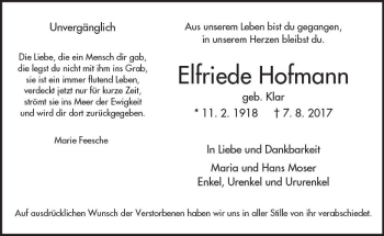 Traueranzeige von Elfriede Hofmann von  Kreisanzeiger