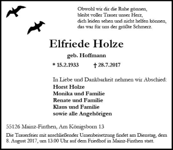 Traueranzeige von Elfriede Holze von Trauerportal Rhein Main Presse