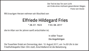 Traueranzeige von Elfriede Hildegard Fries von Trauerportal Rhein Main Presse