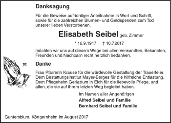Traueranzeige von Elisabeth Seibel von Trauerportal Rhein Main Presse