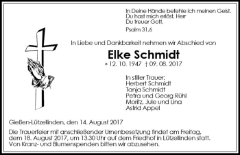 Traueranzeige von Elke Schmidt von  Gießener Anzeiger