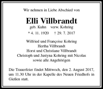 Traueranzeige von Elli Villbrandt von  Gießener Anzeiger