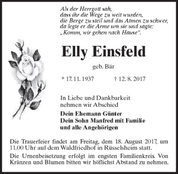 Traueranzeige von Elly Einsfeld von Trauerportal Rhein Main Presse