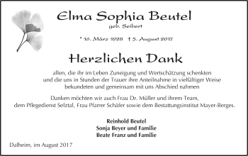 Traueranzeige von Elma Sophia Beutel von Trauerportal Rhein Main Presse
