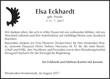 Traueranzeige von Elsa Eckhardt von Trauerportal Rhein Main Presse