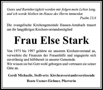 Traueranzeige von Else Stark von  Usinger Anzeiger