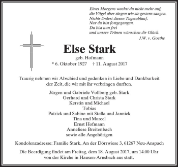 Traueranzeige von Else Stark von  Usinger Anzeiger