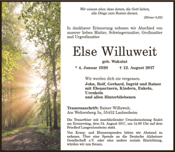 Traueranzeige von Else Willuweit von Trauerportal Rhein Main Presse