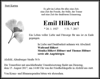 Traueranzeige von Emil Hilkert von VRM Trauer