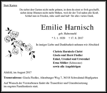 Traueranzeige von Emilie Harnisch von VRM Trauer
