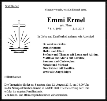 Traueranzeige von Emmi Ermel von VRM Trauer