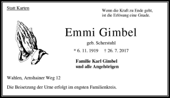 Traueranzeige von Emmi Gimbel von VRM Trauer