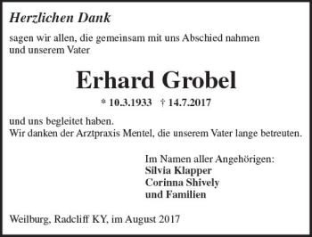 Traueranzeige von Erhard Grobel von Trauerportal Rhein Main Presse