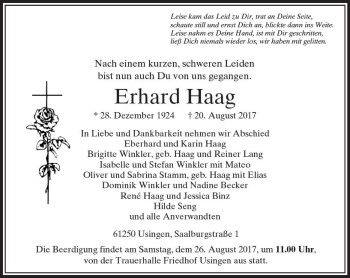 Traueranzeige von Erhard Haag von  Usinger Anzeiger