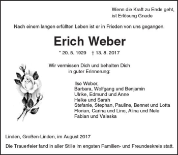 Traueranzeige von Erich Weber von  Gießener Anzeiger