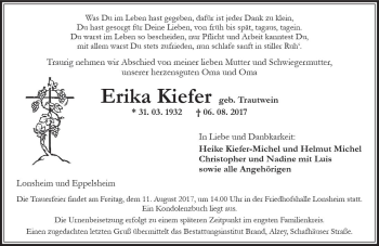 Traueranzeige von Erika Kiefer von Trauerportal Rhein Main Presse