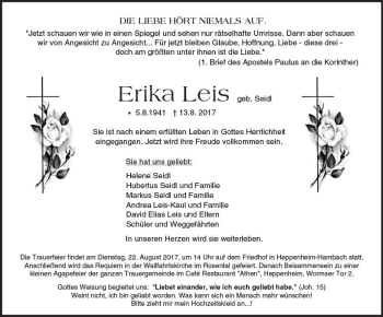 Traueranzeige von Erika Leis von Trauerportal Echo Online