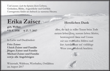 Traueranzeige von Erika Zaiser von Trauerportal Rhein Main Presse