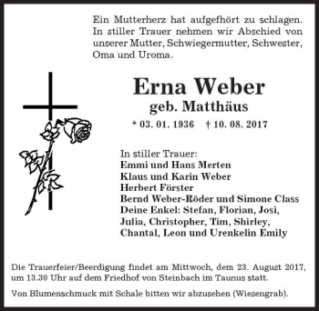 Traueranzeige von Erna Weber von  Kreisanzeiger
