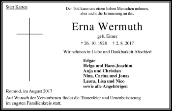Traueranzeige von Erna Wermuth von VRM Trauer