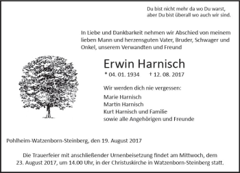 Traueranzeige von Erwin Harnisch von  Gießener Anzeiger