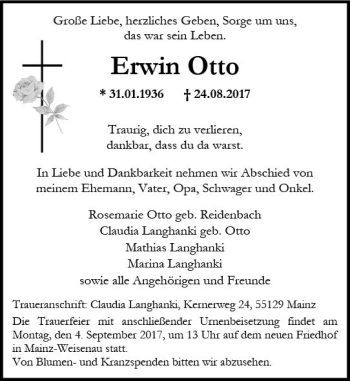 Traueranzeige von Erwin Otto von Trauerportal Rhein Main Presse