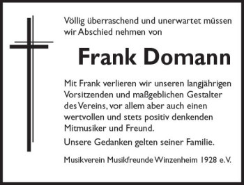 Traueranzeige von Frank Domann von Trauerportal Rhein Main Presse