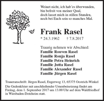 Traueranzeige von Frank Rasel von Trauerportal Rhein Main Presse