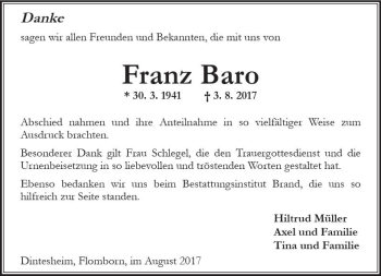 Traueranzeige von Franz Baro von Trauerportal Rhein Main Presse