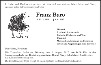 Traueranzeige von Franz Baro von Trauerportal Rhein Main Presse
