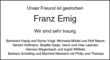 Traueranzeige von Franz Emig von Trauerportal Echo Online