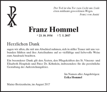Traueranzeige von Franz Hommel von Trauerportal Rhein Main Presse