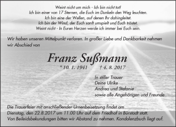 Traueranzeige von Franz Sußmann von Trauerportal Echo Online