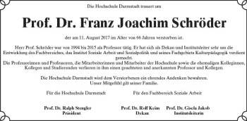 Traueranzeige von Franz Joachim Schröder von Trauerportal Echo Online