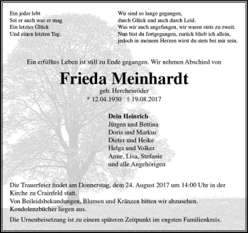 Traueranzeige von Frieda Meinhardt von VRM Trauer